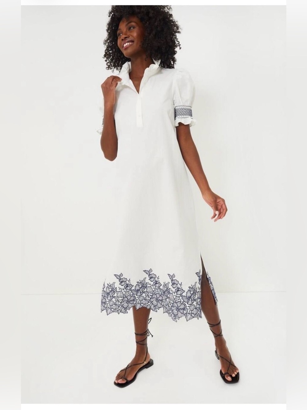 Hyacinth House White Embroidered Midi Dress with Navy Trim Large - Picture 2 of 5